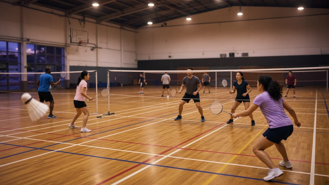 Adults playing doubles badminton across several courts in a school gym