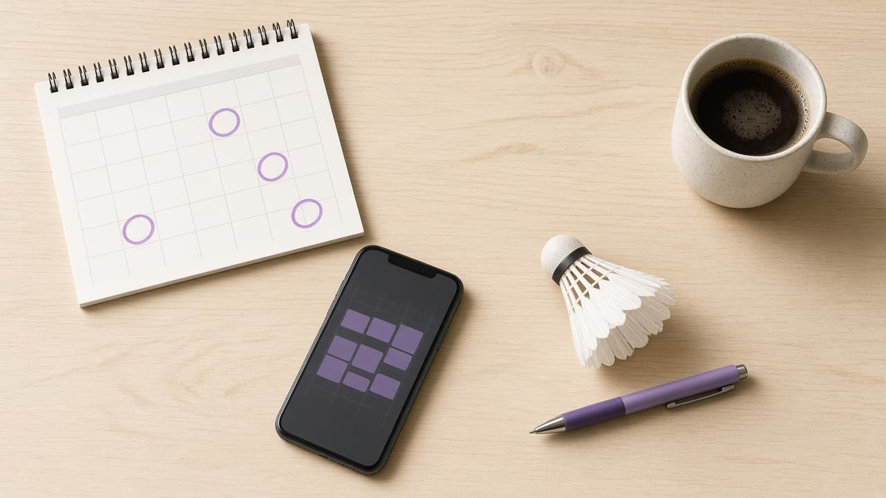 A calendar with circled dates, a phone, a shuttlecock, and a coffee on a desk