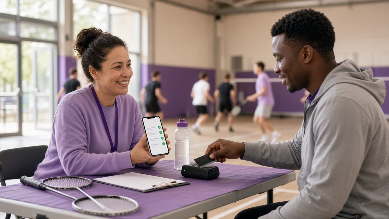 A club organizer checks in a player who pays by card at the gym door