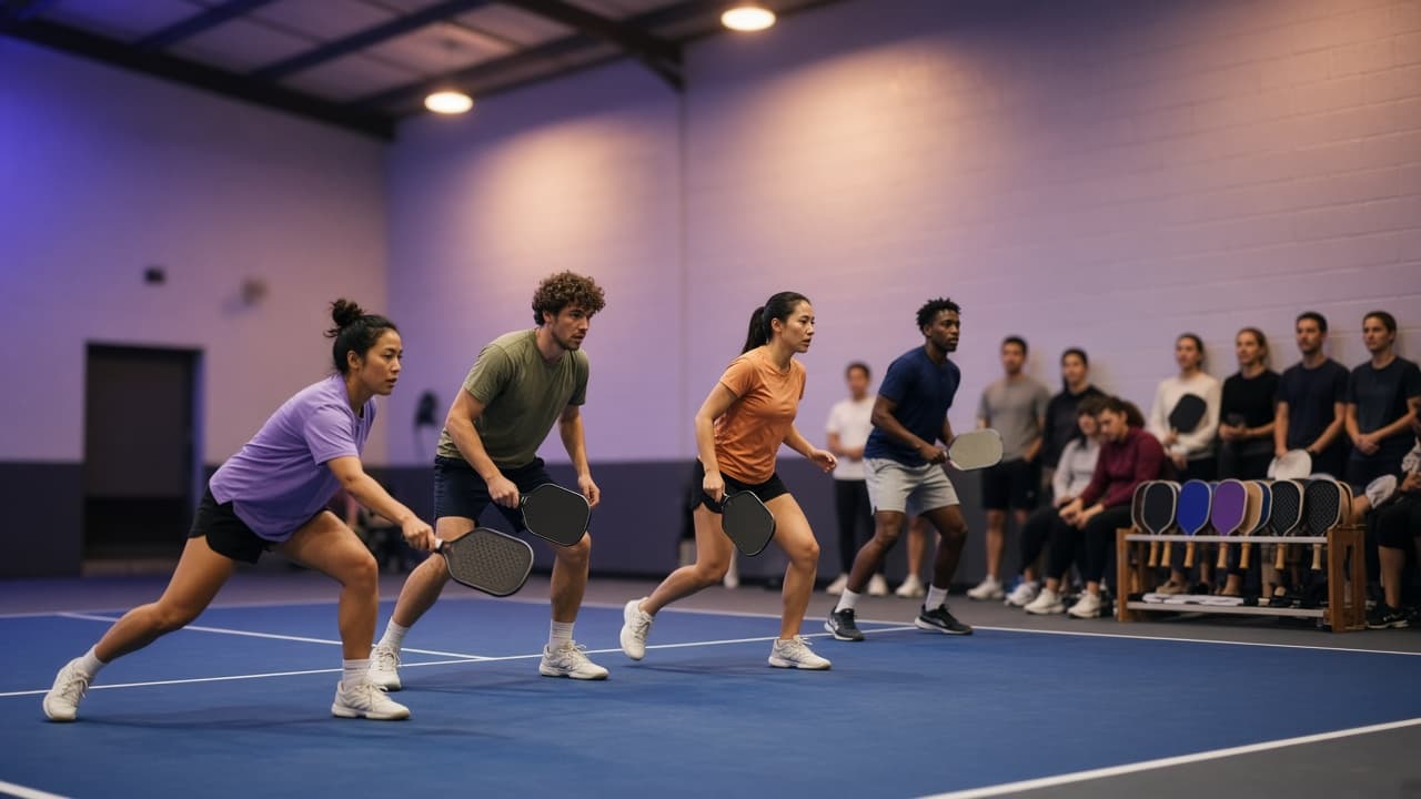 Players mid-rally at an indoor pickleball drop-in while others wait with paddles stacked
