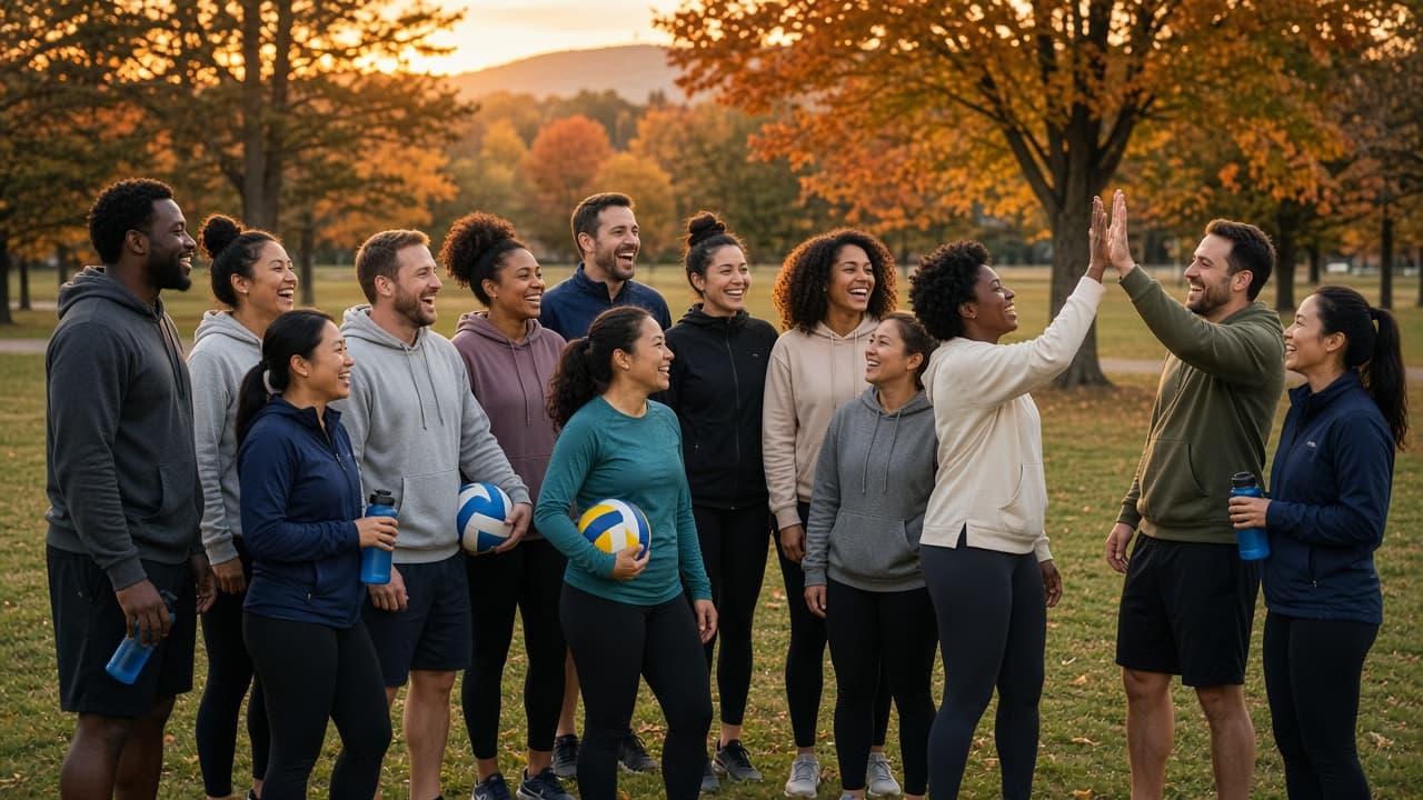 A group of club members laughing together in a park in autumn
