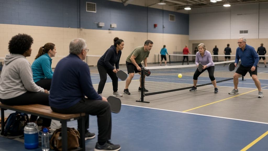 Des joueurs en plein échange lors d’une séance libre de pickleball intérieur, pendant que d’autres attendent sur un banc