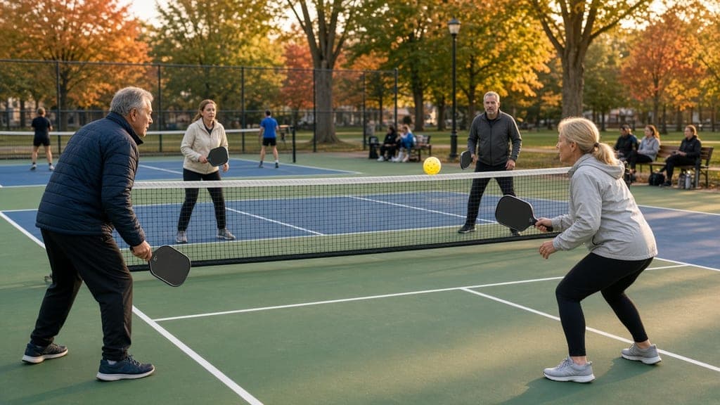 Des joueurs en partie de pickleball en double sur des terrains municipaux extérieurs dans un parc canadien au début de l’automne