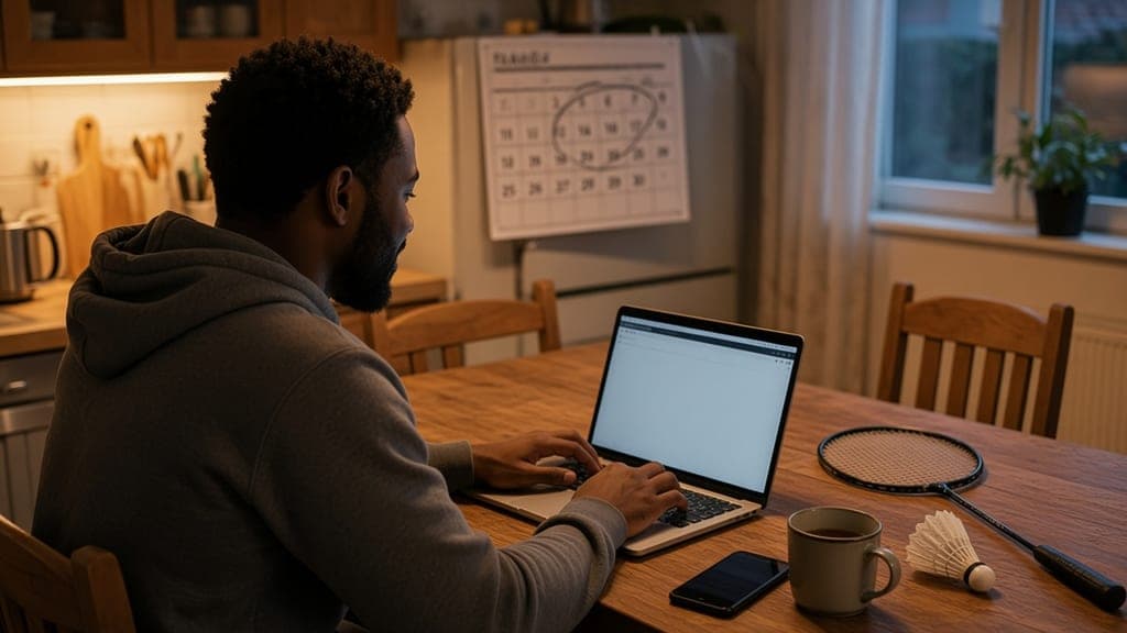 Un organisateur tape à l’ordinateur sur la table de cuisine, une raquette de badminton à côté du portable et un calendrier au mur